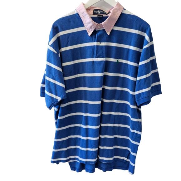 Vintage 90s Ralph Lauren Men's Striped Polo Pink Collar Button Down Blue Shirt - Picture 1 of 9